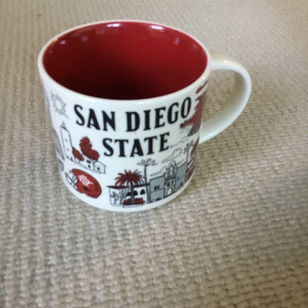 Starbucks White Ceramic Mug with Red Interior and Black Graphics